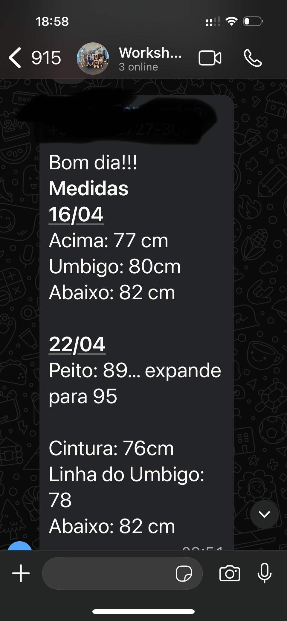Print de WhatsApp com registro semanal de medidas